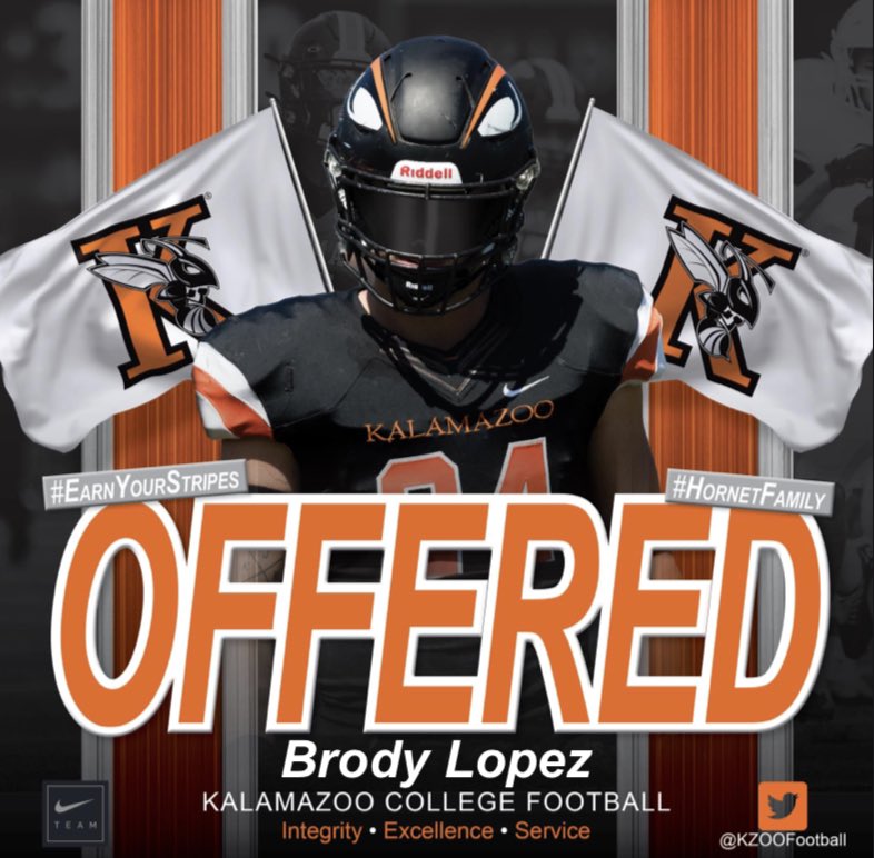 BrodyLopez72's tweet photo. I am extremely honored and blessed to announce that I have received an offer to further my academic and athletic career at Kalamazoo College. #swarmtheday 

@CoachKrajacic @CoachZorboKZOO @KzooFootball @MilanBRFootball @MilanBigRedsAD https://t.co/DSi6pYsLSS