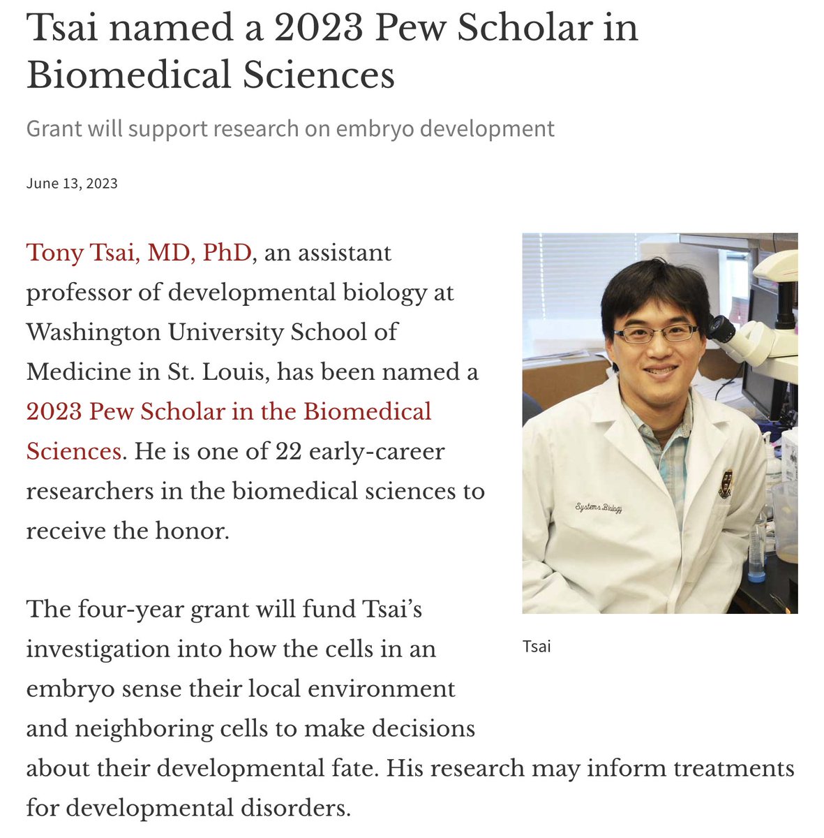 tonytsai00's tweet image. Also thanks @WUSTL for the news release. I am thankful for WUSM's nomination so my research has the opportunity to be recognized by @pewtrusts. Looking forward to seeing how these funding can help us discover new mechanisms of developmental robustness.
medicine.wustl.edu/news/tsai-name…