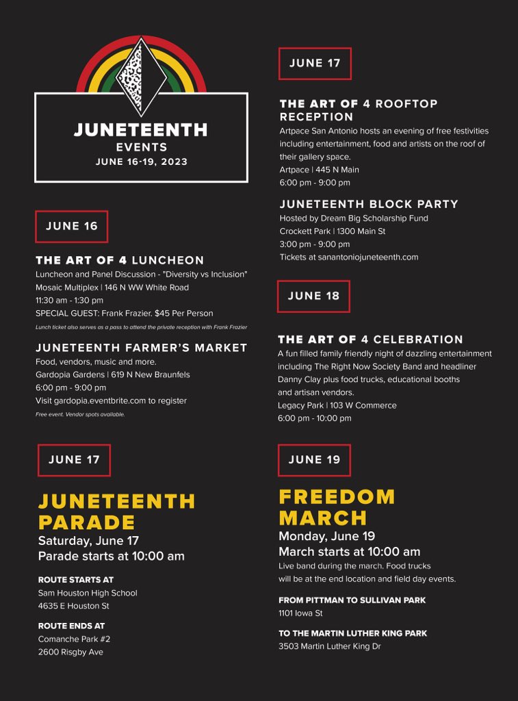 Mark your calendars and join us as we celebrate Juneteenth. ❤️💛💚Experience the rich cultural diversity, traditions, and unity in San Antonio. Save the date and be part of this historic celebration.