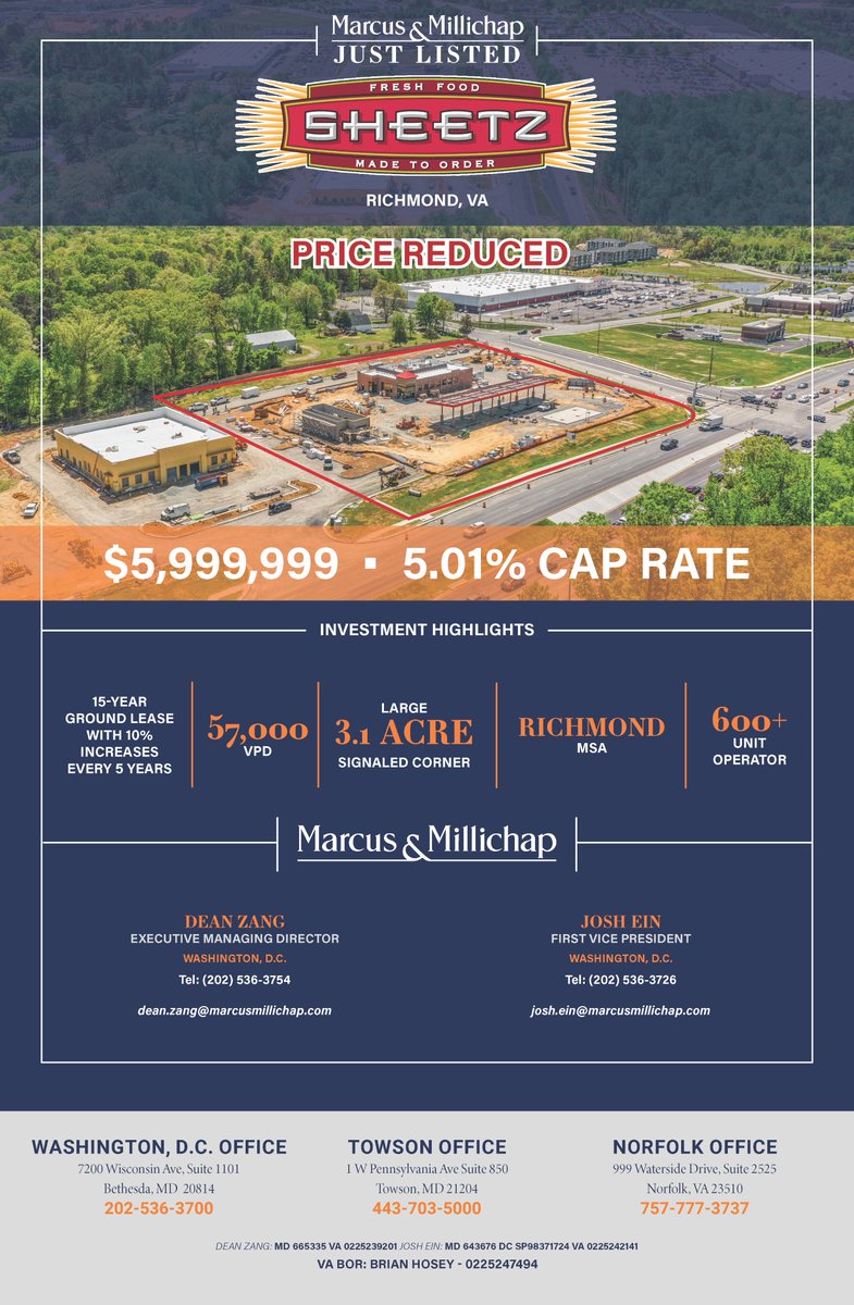 deanzangjr's tweet photo. Contact me for more information on this new Sheetz: 15 Years Remain with 10% Rent Increases Every 5 Years. Excellent Location with 57K VPD! #NNN #Richmond https://t.co/zZaJzdgFBF