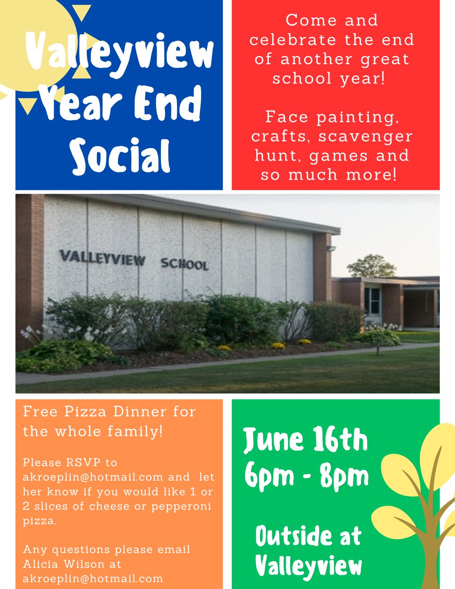 We're excited about our End of Year School Social happening on Friday, June 16th at Valleyview. Don't forget to RSVP for pizza.