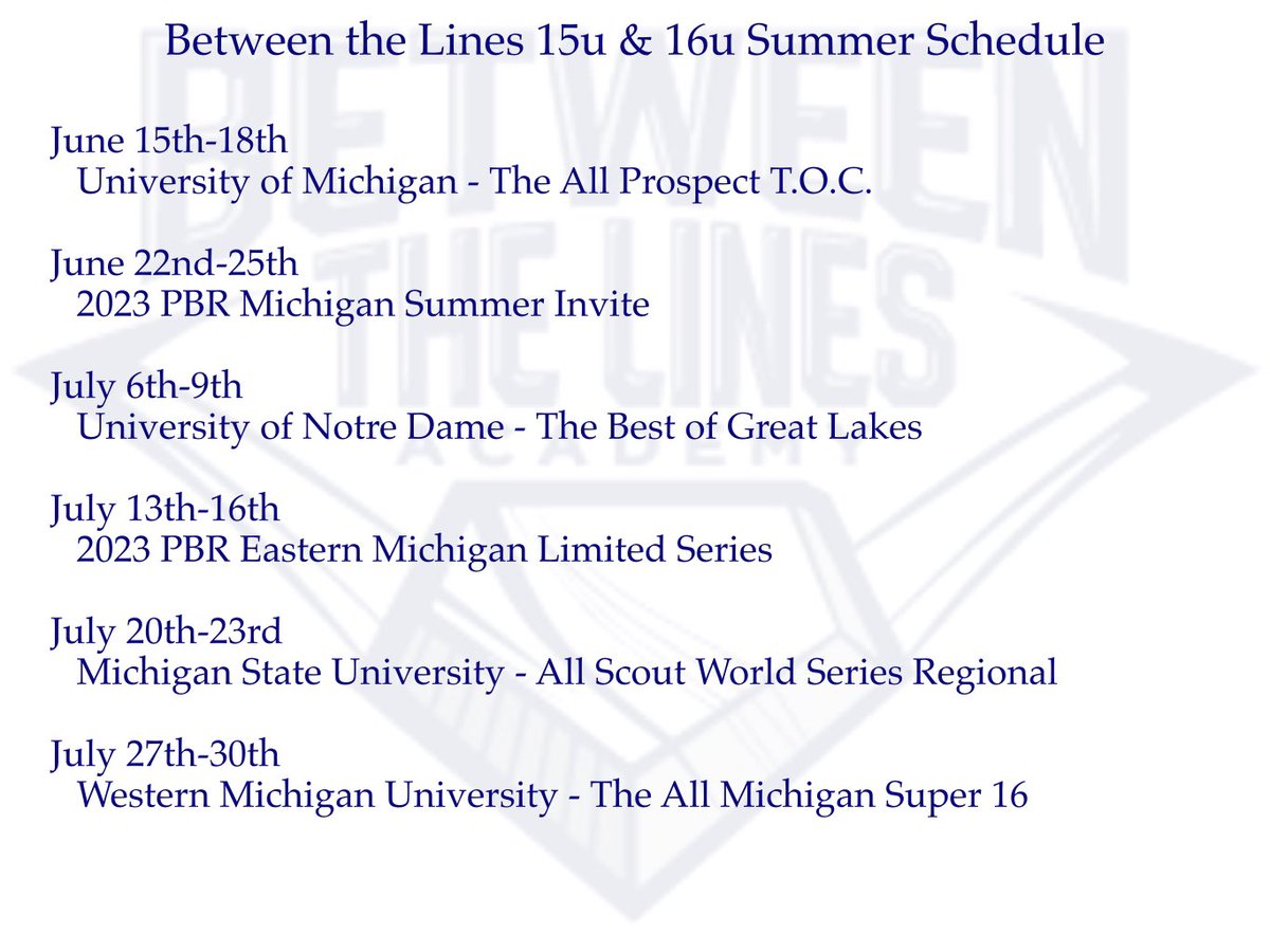 BTLA 15u &amp; 16u Summer Schedule