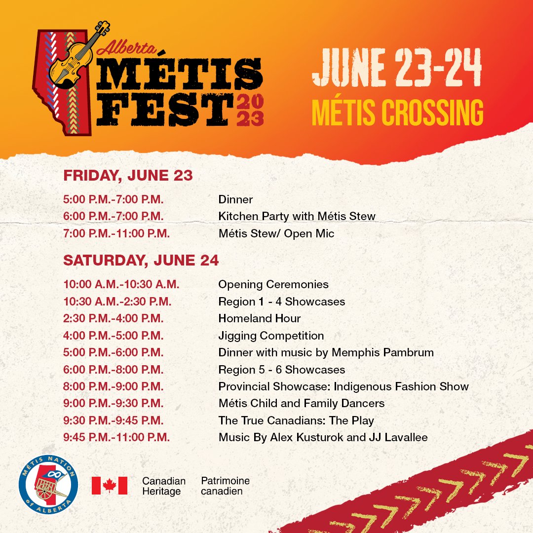 Alberta Métis Fest 2023 is just around the corner! Get set with the Homer's Place Stage schedule of events 😊🎻 We can't wait to see you there!