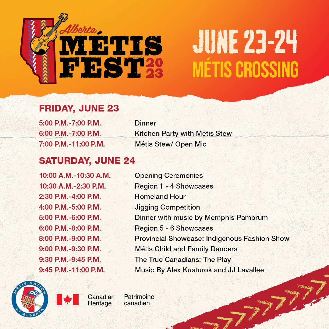 Alberta Métis Fest 2023 is just around the corner!

Get set with the Homer's Place Stage schedule of events 😊🎻

We can't wait to see you there!