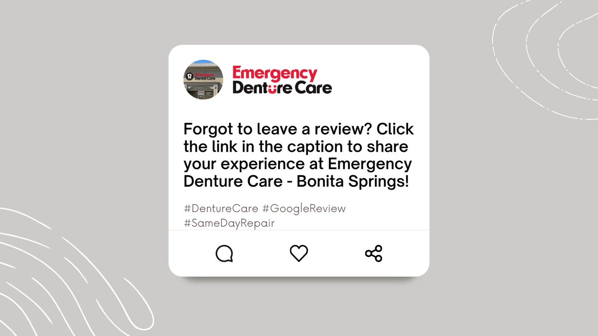 Forgot to leave a review from your last visit? Click this link to leave a review on our google my business page! g.page/r/Cd6vwv7zr2J7… #LeaveAReview #PatientReview #ConvenientDentureCare #EmergencyDentureCare