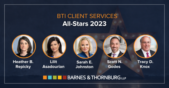 IP_Rory's tweet photo. Five @BTLawNews partners have been recognized as 2023 BTI Client Service All-Stars! Congratulations to Lilit Asadourian, Sarah Johnston, Scott Godes, Tracy Knox, and the Boston office's own Heather Repicky. https://t.co/uX5xx5tH57 https://t.co/tAniPvb3FC