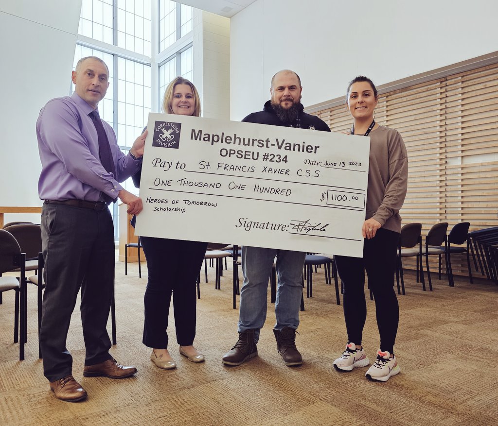 On behalf of the members of Local 234, we are honoured to once again donate to <a href="/StFXSOS/">St Francis Xavier CSS</a> and the Heroes of Tomorrow Scholarship which will be awarded to 2 students looking to pursue a career in Health Care/Law Enforcement (First Responder). #correctionscares <a href="/OPSEU/">OPSEU/SEFPO</a> <a href="/ONsafety/">Ministry of the Solicitor General</a>