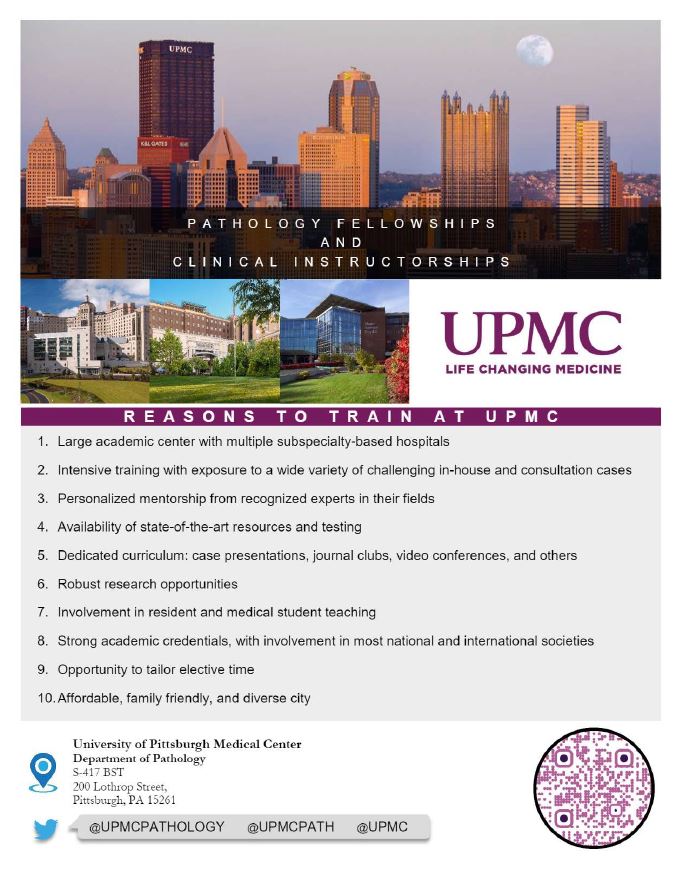 UPMCPath's tweet photo. Thinking about a future #Pathology fellowship? Take a minute to get to know the wonderful options @UPMCPath  has to offer! Here are 10 reasons to train at @UPMC 👇👇👇 https://t.co/k3dnbXgUo2
