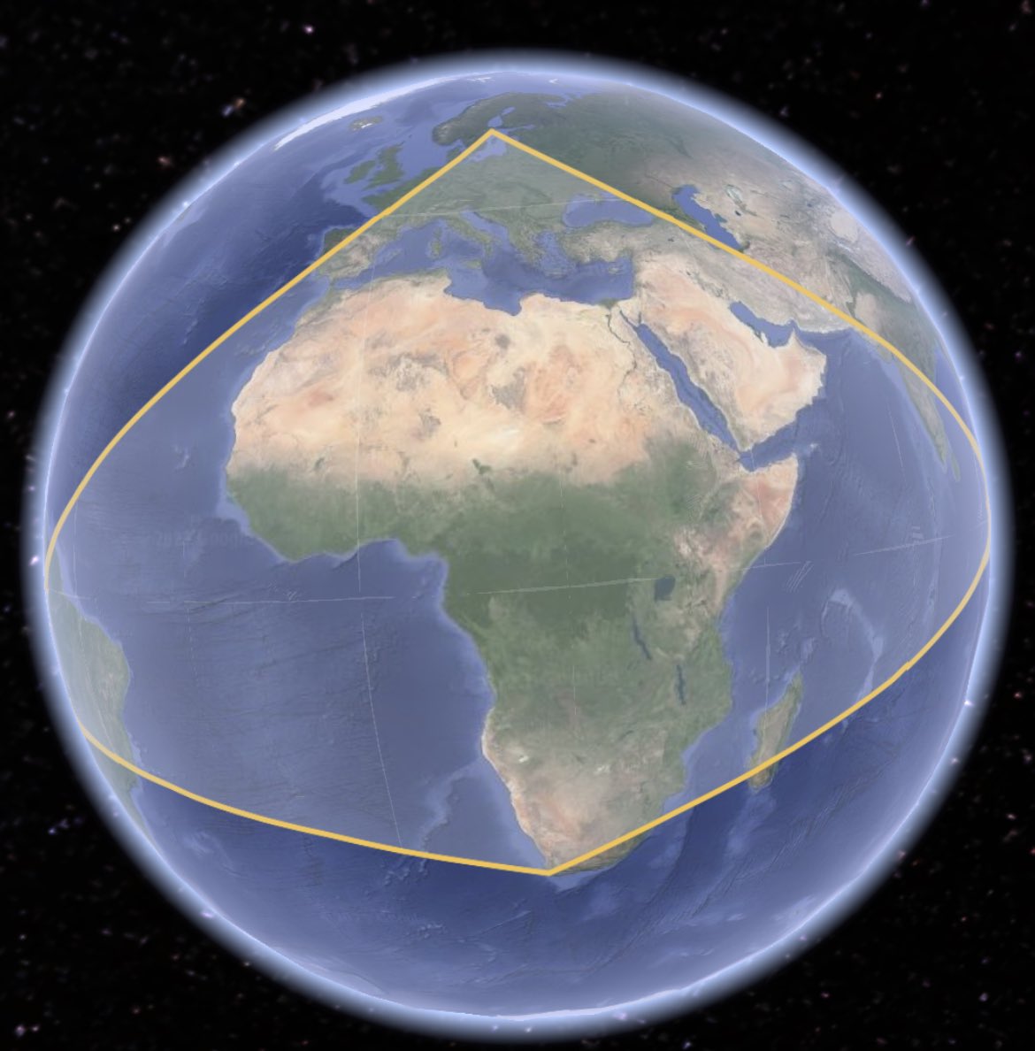 Geoffonly's tweet image. Mine does not fit on the globe view… 
North: Stockholm
East: Singapore
South: Cape Town 
West: Lima