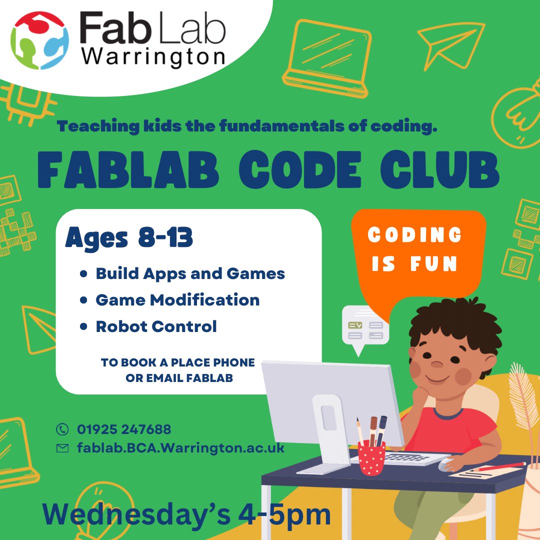 Fab Lab Kids Coding Club -Wednesday’s at @FablabWarrBCA 
#coding #Warrington #codingclub 
@ChrisHillidge