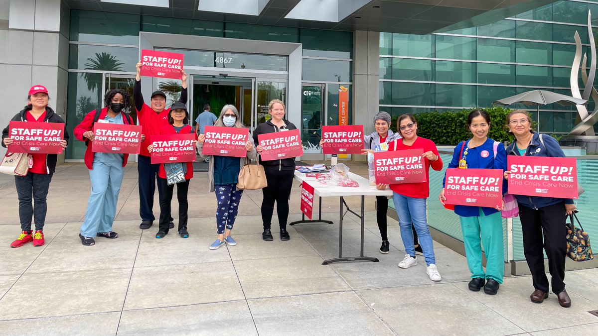 CalNurses's tweet photo. We know hospitals have the resources to safely staff our units, they're just choosing not to. Why? Because it's more profitable.

It's shameful and we're not standing for it. All across California, nurses are taking action to demand our employers staff up for safe patient care! https://t.co/BFl0CYnOZG