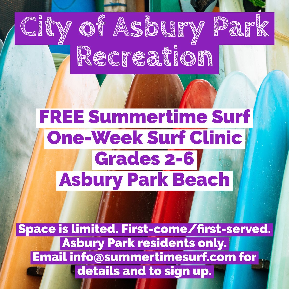 inAsburyParkNJ's tweet photo. Sign Up Now for AP Recreation Summer 2023 Programming - Free Surf Clinic

FREE Summmertime Surf One-Week Surf Clinic
Grades 2-6
Email info@summertimesurf.com for details and to sign up.
Space is limited. First-come/ first-served. Asbury Park residents only. https://t.co/pZAgcqEYTk