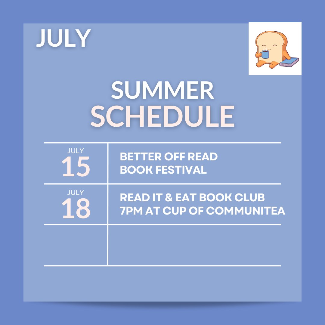 ReadItandEatBox's tweet photo. Our summer schedule is here! You can join us four different pop up markets this summer to support #ReadItandEat. Don't forget about our monthly book club with our friends at Cup of Communitea! https://t.co/3V4yg1QsoE