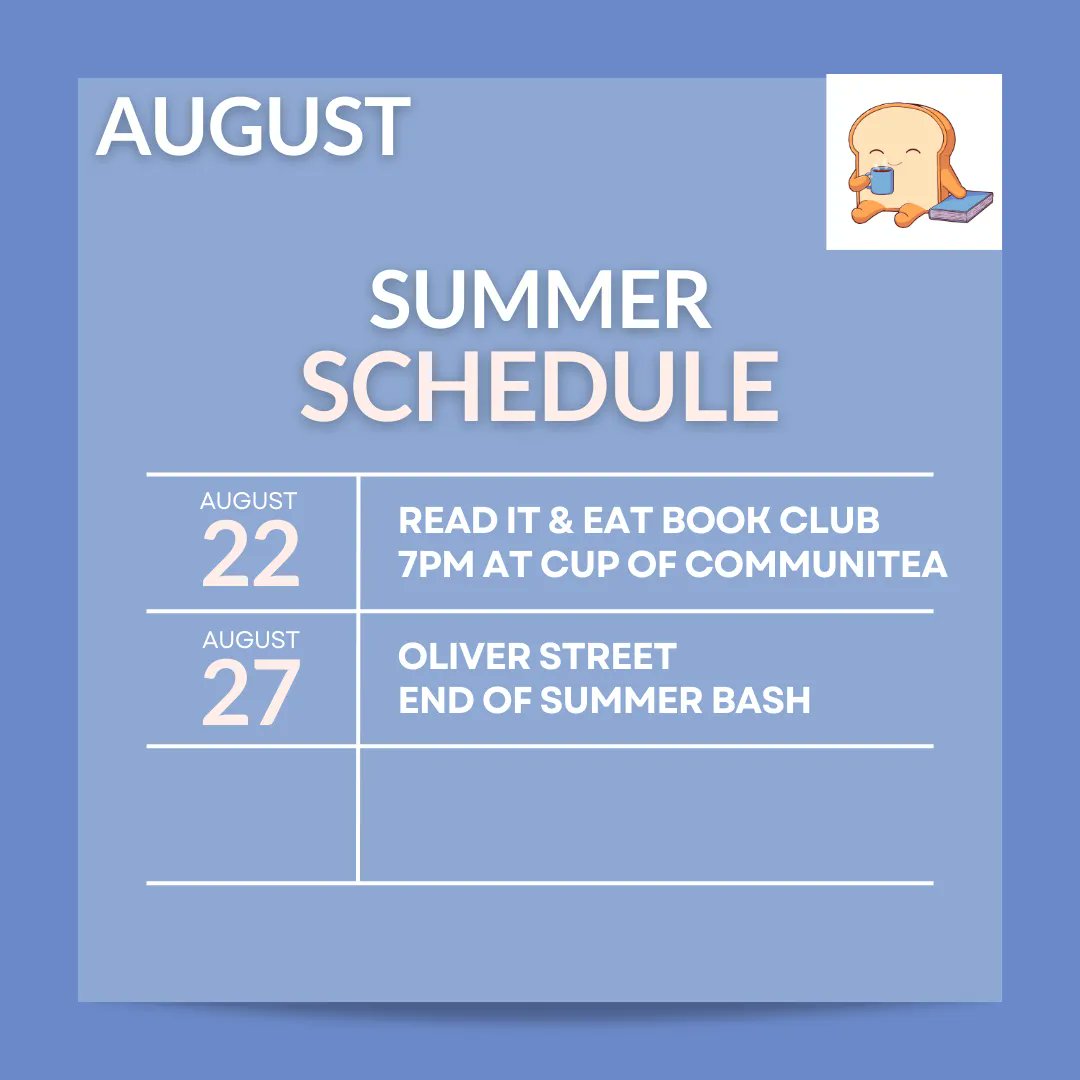 ReadItandEatBox's tweet photo. Our summer schedule is here! You can join us four different pop up markets this summer to support #ReadItandEat. Don't forget about our monthly book club with our friends at Cup of Communitea! https://t.co/3V4yg1QsoE