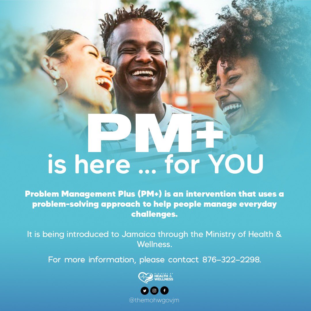 themohwgovjm's tweet image. #TimeoutTuesday 

PM+ is here for you!

This intervention aims to help community members cope with everyday problems – from anxiety to mild depression resulting from loss of family, friends, or livelihoods, to natural disasters.

For more information, please contact 876-322-2298.