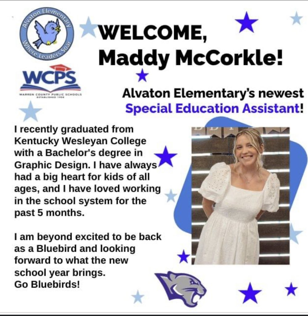 AlvatonElem's tweet photo. 🌟 Exciting News: Welcome to our AES family, Ms. Maddy McCorkle! 🌟
IMs. McCorkle, who was once a student at Alvaton, is now returning as an incredible addition to our team. We're thrilled to have her positive energy and passion for education in our classrooms! ✨💙 #AESpride https://t.co/uzgXowAS73