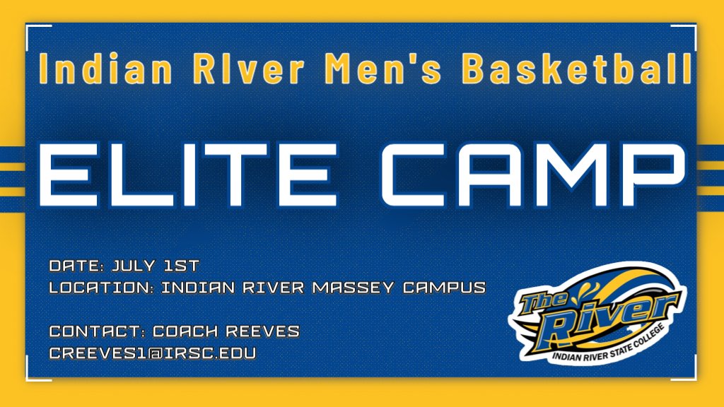 🚨Prospect Elite Camp🚨
📅July 1st 
📍Indian River State College Massey Campus 
🏀2023-2024
✍️🏽Be evaluated by our coaching staff 
⬇️Reply with your highlights below 

Contact Coach Reeves with any questions @coach_reeves42 or email creeves1@irsc.edu