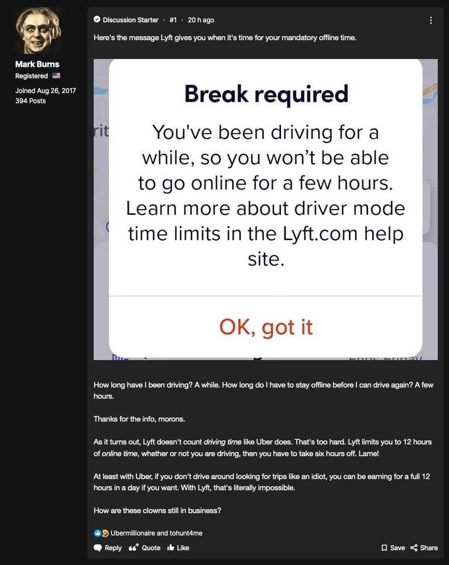 tesla_rideshare's tweet photo. At least with Uber, if you don't drive around looking for trips like an idiot, you can be earning for a full 12 hours in a day if you want. With Lyft, that's literally impossible. ⁦@davidrisher⁩ can ask to fix this? By Mark Burns #lyft https://t.co/WUQnBZamWJ