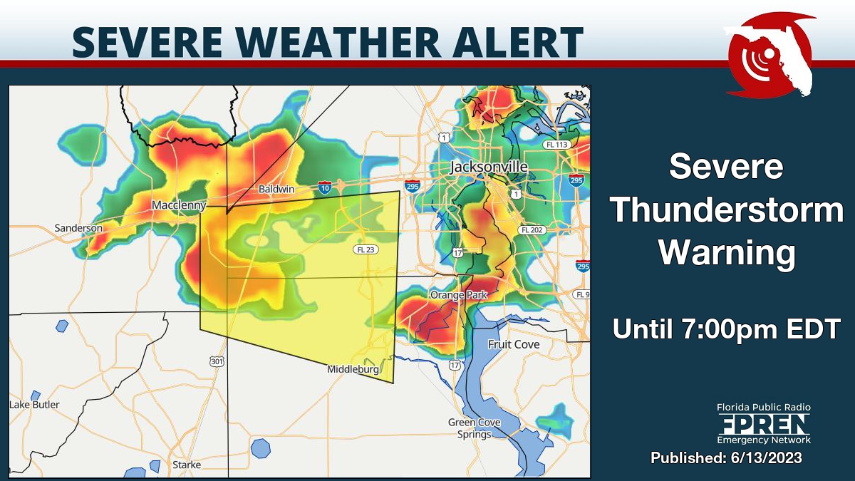 Severe Thunderstorm Warning for Baker, Bradford, Clay and Duval County until 7:00pm EDT. Details on the Florida Storms app. #flwx https://t.co/xLnUVSQ1X4