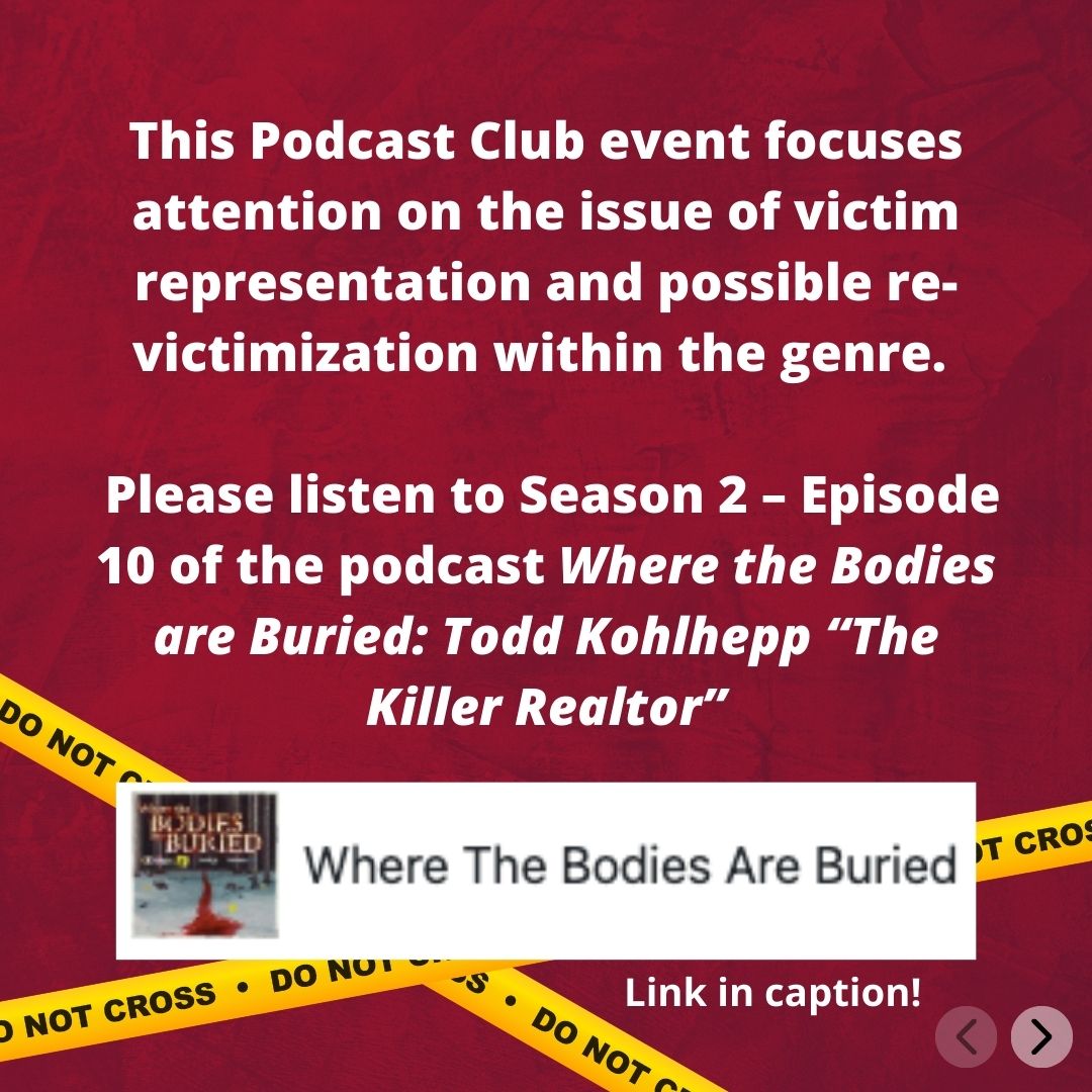 projhumanities's tweet photo. Join us tomorrow for a captivating Podcast Club discussing "Serial Killer Voyeurs: The Dark Side of True Crime"! 

📅 June 14, 2023
⏰ 6-7 PM
📍Zoom (virtual)

🔗 More Info Here: https://t.co/QWDJll8jDh

#TrueCrime  #DarkSideOfTrueCrime #WhereTheBodiesAreBuried  #ReVictimization https://t.co/rO6jSWYryG