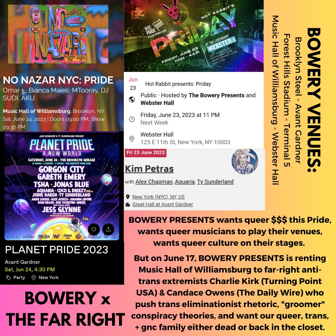 outlivethemnyc's tweet photo. .@bowerypresents wants queer $$ this Pride + wants queer culture on their stages while they're renting space to far-right figures who push trans eliminationist rhetoric and want our queer + trans family either dead or back in the closet. More emails + contact info below! ⬇️ https://t.co/ixuPZ0f8vK