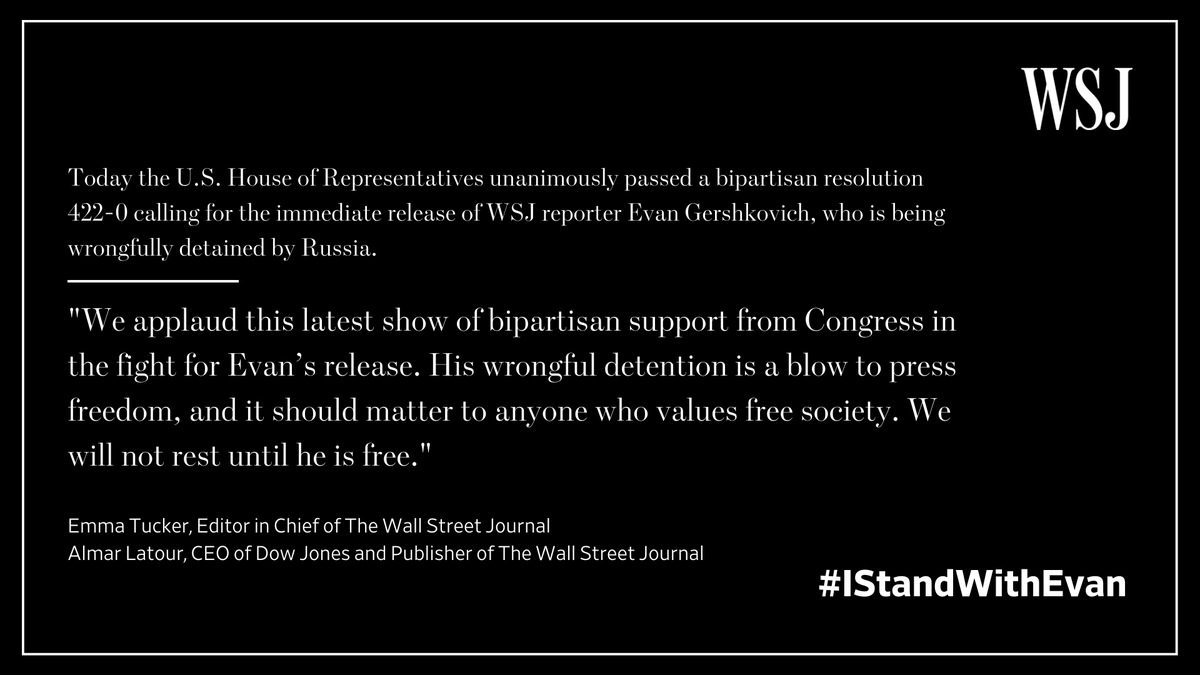 Statement from Emma Tucker and Almar Latour on today's House resolution calling for the immediate release of @WSJ reporter Evan Gershkovich. #IStandWithEvan dowjones.com/press-room/jun…