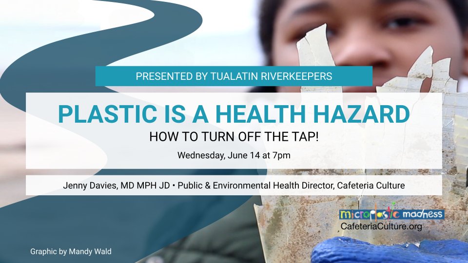 Join us &amp; @TualatinRiver for an inspiring talk abt #plastichealth impacts &amp; local river actions.  
🗓️Wed, June 14th, 7pm PT (10pm ET)
➡️ Free! bit.ly/3N2FQUR
Jenny Davies, MD MPH JD, CafCu Public &amp; Environmental Health Director, gives the real scoop!
#plasticpollutes