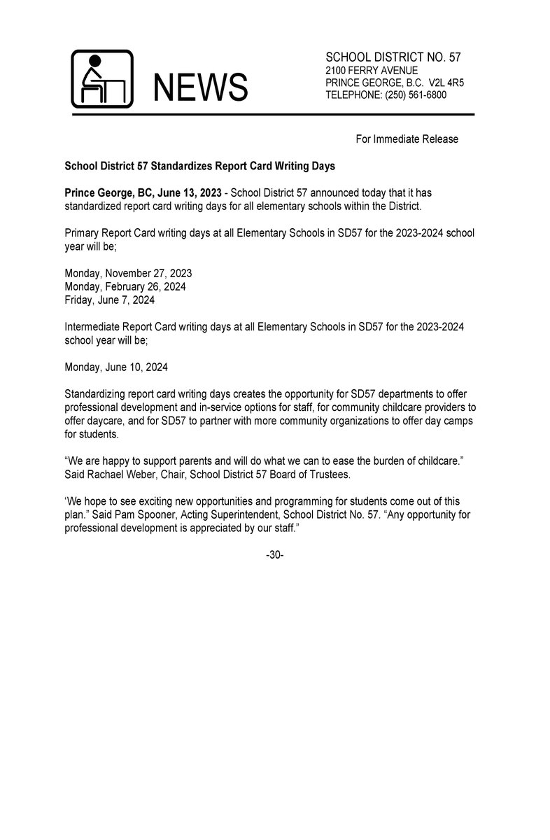 School District 57 would like to advise all families, community partners, and community members that elementary report card writing days for the 2023-2024 school year will be the same for all schools in the district. We look forward to the opportunities this change brings.
