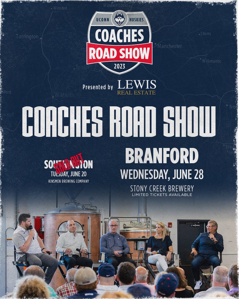 Next Tuesday’s Coaches Road Show @KinsmenBrewing is SOLD OUT. Limited tickets still remain for June 28 at Stony Creek in Branford 🎟️ UConnHuski.es/RoadShow