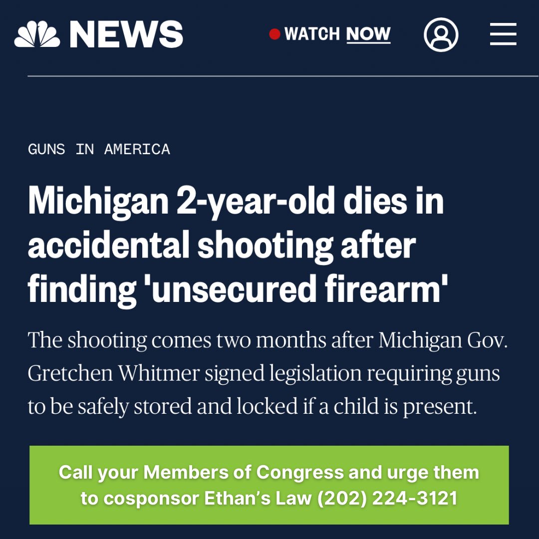 NewtownAction's tweet photo. A 2-year-old in Michigan died on Sunday after gaining access to an unsecured firearm and unintentionally shooting themselves.

Call your Members of Congress and urge them to cosponsor Ethan’s Law (202) 224-3121.

https://t.co/siOBSq1ZPE https://t.co/RyncctSYdh