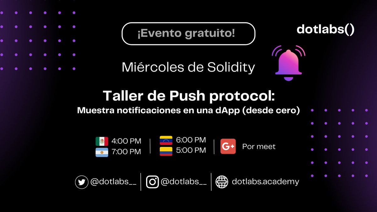 dotlabs__'s tweet photo. 🔥¡Miércoles de #Solidity!
Durante el taller descubriremos como implementar el protocolo de @pushprotocol en nuestras aplicaciones descentralizadas para mantener a los usuarios actualizados con información relevante y oportuna.
¡No te lo puedes perder! https://t.co/RHoPJyXlXH