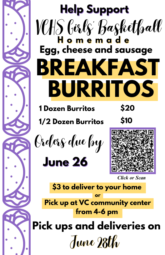 VCHornetHoops's tweet image. The VCHS Girls' Basketball team is selling Homemade Breakfast Burritos as a fundraiser and a fun team building activity.  You may scan the QR Code or click the link to access the order form.  
Thanks for your support

docs.google.com/forms/d/e/1FAI…