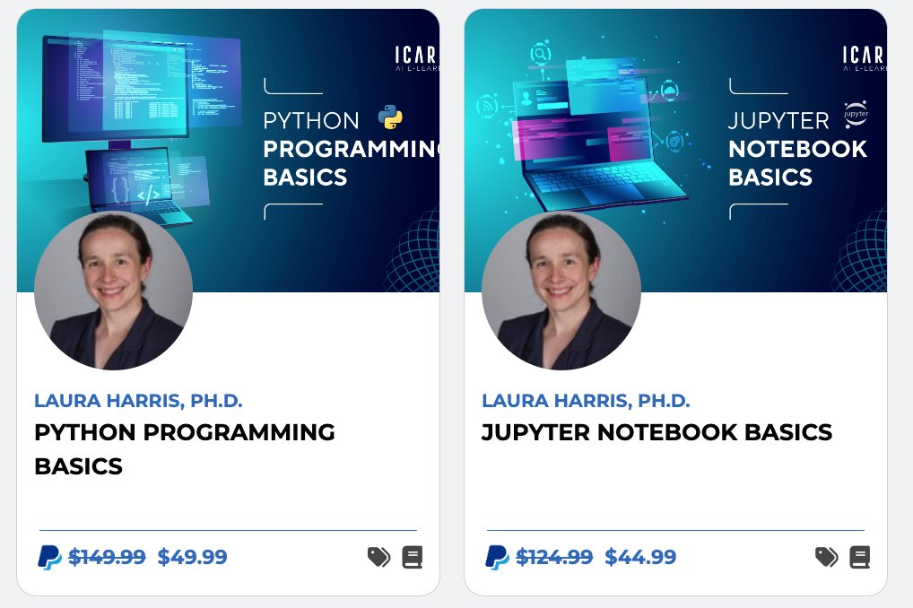 Check out these courses on ICARUS AI E-Learning by Laura Harris, Ph.D.

📚 PYTHON PROGRAMMING BASICS
🔗 icarus-ai.enki.tech/course/python-…

📚 JUPYTER NOTEBOOK BASICS
🔗 icarus-ai.enki.tech/course/jupyter…

#ai #artificialintelligence #elearning #edtech #programming #python #jupyternotebook