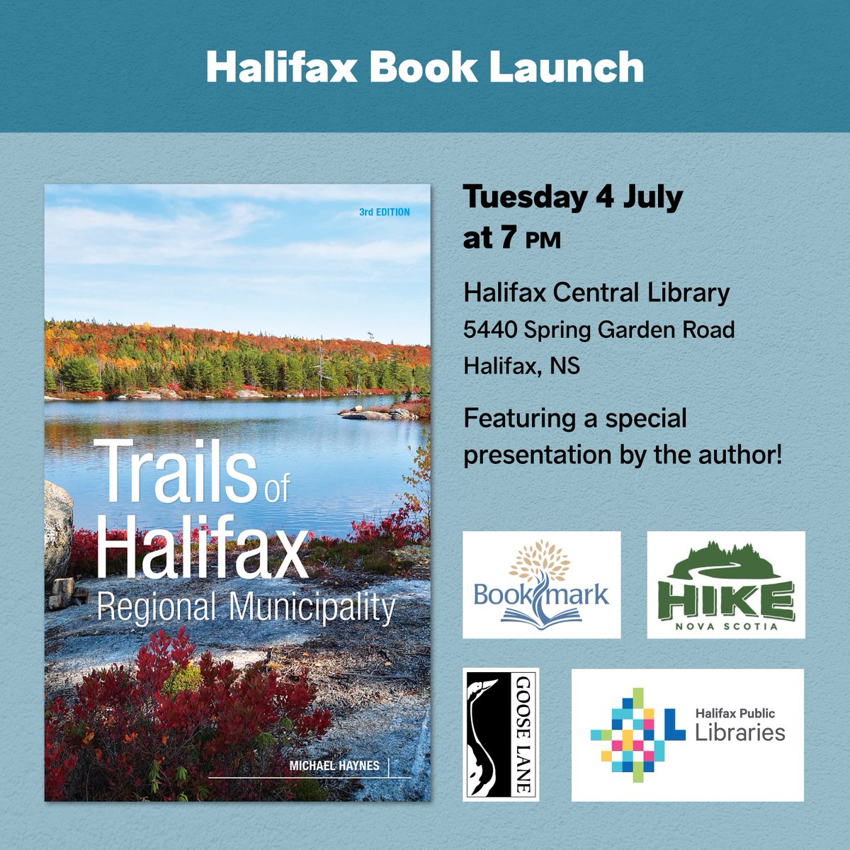 Join <a href="/HikerHaynes/">Michael Haynes</a> at the Halifax Central Library's Paul O'Regan Hall with our friends <a href="/HikeNS/">Hike Nova Scotia</a> &amp; <a href="/BookmarkHalifax/">Bookmark II</a> for the official book launch on Tuesday, July 4 at 7:00pm! 🌳