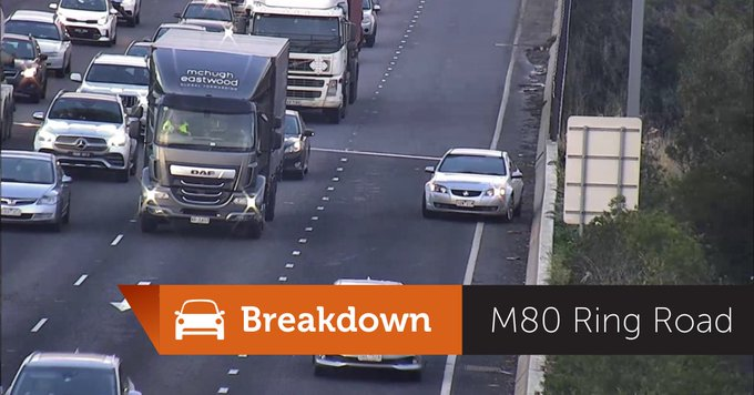 AUSTRALIA - Left lane closed on the M80 Ring Road Greensborough-bound at the entry from Airport Drive, due to a breakdown. Four lanes are open. Please be alert for stopped or merging vehicles. The VicRoads Incident Response Service is on the way to assist. victraffic