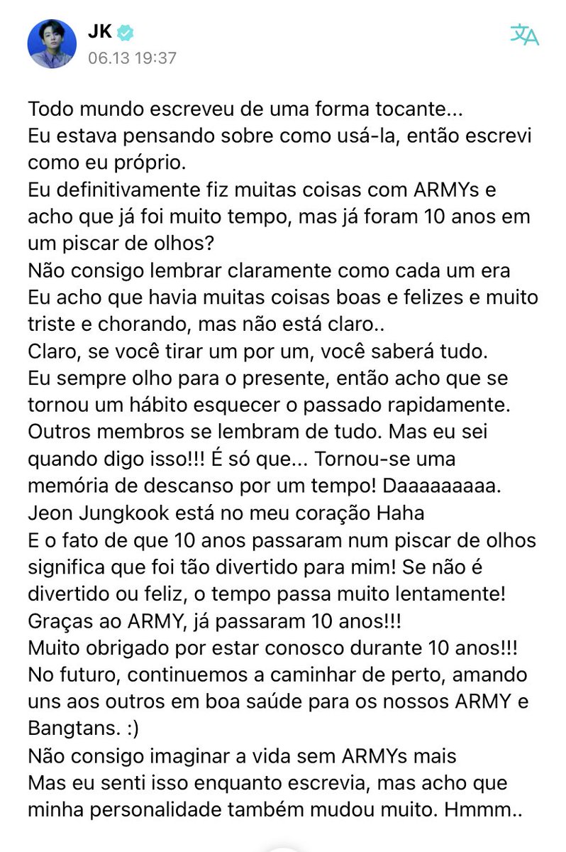 kookflowers's tweet photo. “Graças ao ARMY, já passaram 10 anos!!! Muito obrigado por estar conosco durante 10 anos. No futuro, continuemos a caminhar juntos, amando uns aos outros em boa saúde para os nossos ARMY e Bangtan” Jeon Jungkook no weverse; amo demais ele 🥹 https://t.co/OwAg2Y0YaD