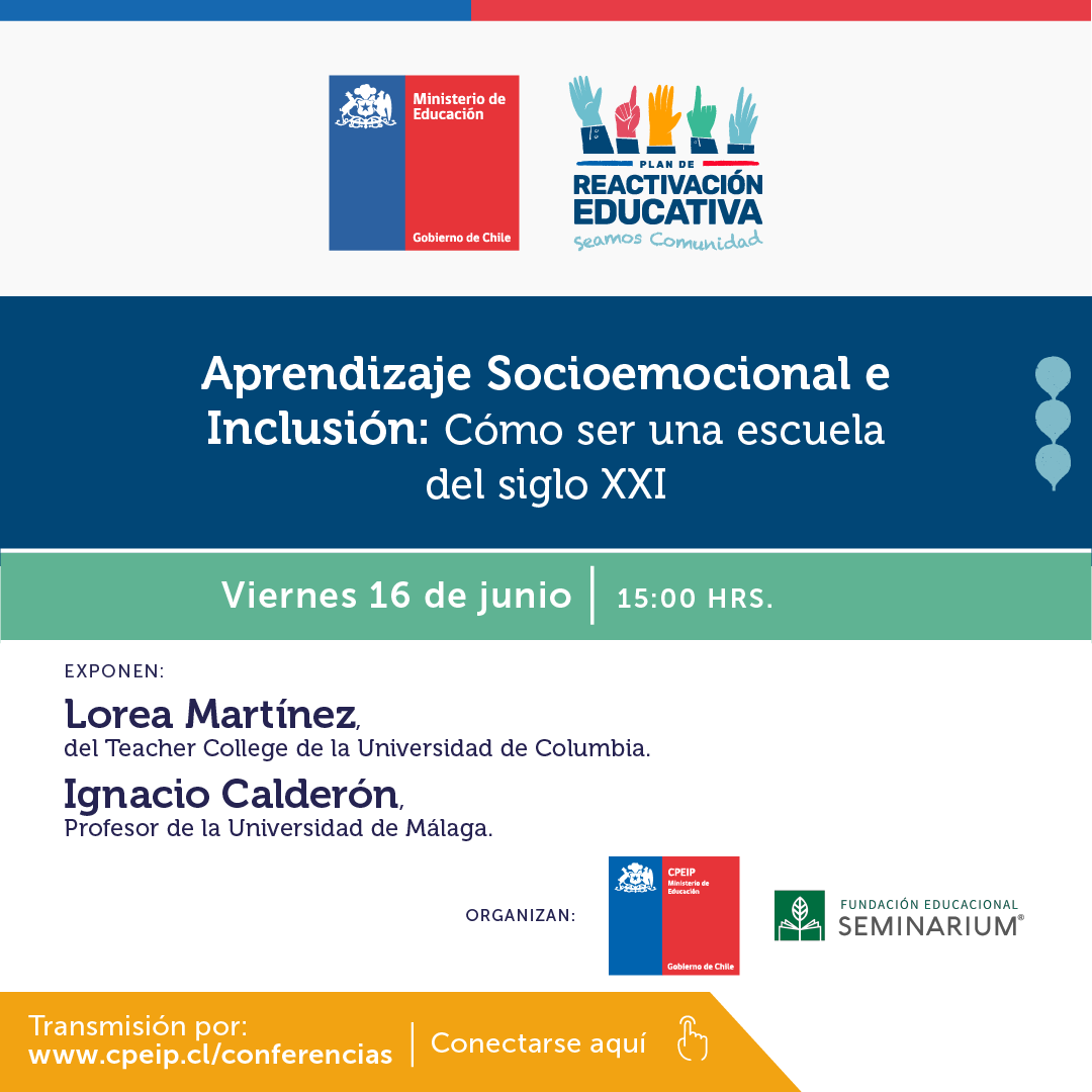 Este viernes!

Junto a nuestr@s amig@s del <a href="/CPEIP_mineduc/">CPEIP</a> , tenemos preparado una nueva charla online #AunClick.

Se trata del #webinar titulado Aprendizaje Socioemocional e Inclusión: Cómo ser una Escuela del Siglo XXI.

Inscríbete: docs.google.com/.../1FAIpQLSdn…