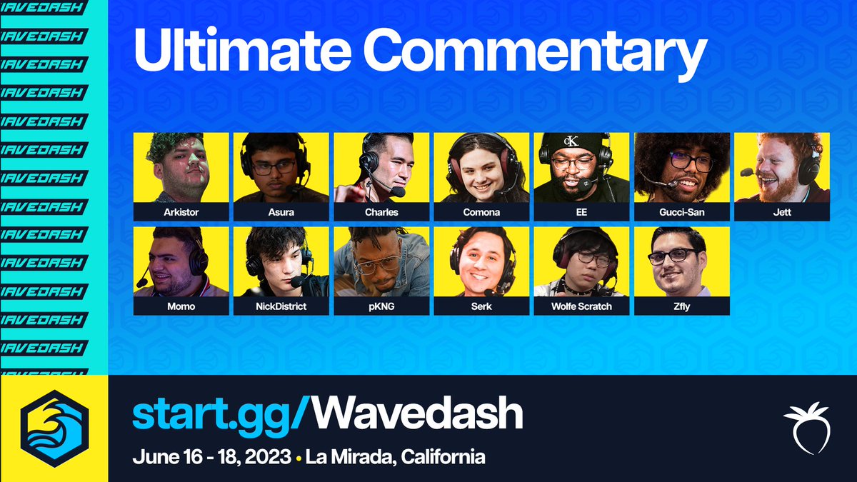 wavedashseries's tweet image. Introducing the Wavedash 2023 Ultimate Commentary Team!
@Arkistor @AsuraFGC @CharlesThoren_ @ThatComona @EEvisu @willivmcave @JettSSB @MomoOnTheMic @NickDistrict14 @nicklausgray @SerkGmz @WolfeScratch @ZflyHype 
Catch all the action on @LiquidHbox 's Twitch channel this weekend🌊