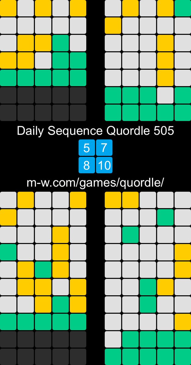 Daily Sequence Quordle 505
5️⃣7️⃣
8️⃣🔟

#dailysequencequordle