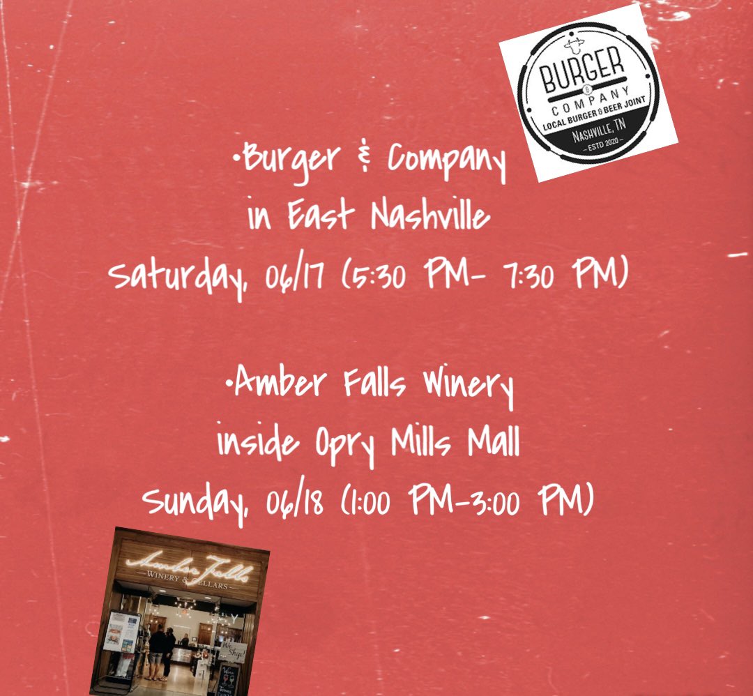 _therestless's tweet image. We’re playing back to back shows this weekend in Nashville….! 😊 💗

•Burger &amp;amp; Company in East Nashville Saturday 06/17 (5:30 - 7:30 PM) 

•Amber Falls Winery inside Opry Mills Mall 
Sunday 6/18 (1:00- 3:00 PM) 

We’d love to see you there!