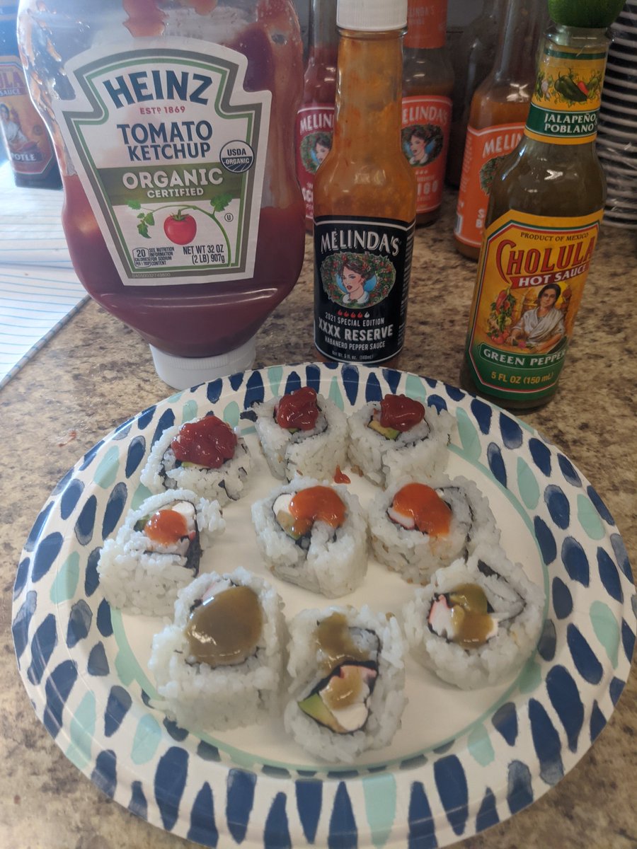 Took a suggestion from <a href="/RealRifkin/">👑 BaseTrade</a>  and tried ketchup with my sushi.  Not bad.   However, the Cholula's Green Pepper has da bomb.