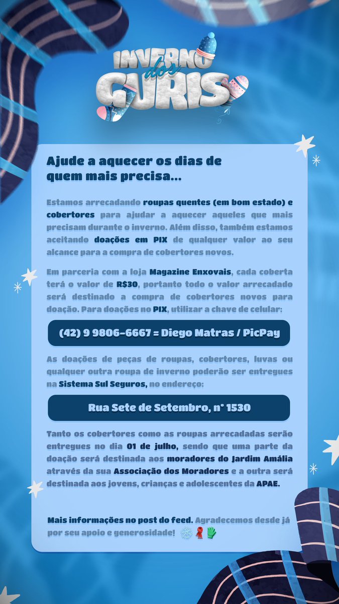e aí, bora recolher aquelas roupas quentes que você não usa mais e doar para quem mais precisa nesse inverno?

eu e três amigos estamos organizando uma campanha do agasalho e sua ajuda é muito importante, seja na arrecadação ou na divulgação.

agradecemos desde já!!🥶💙