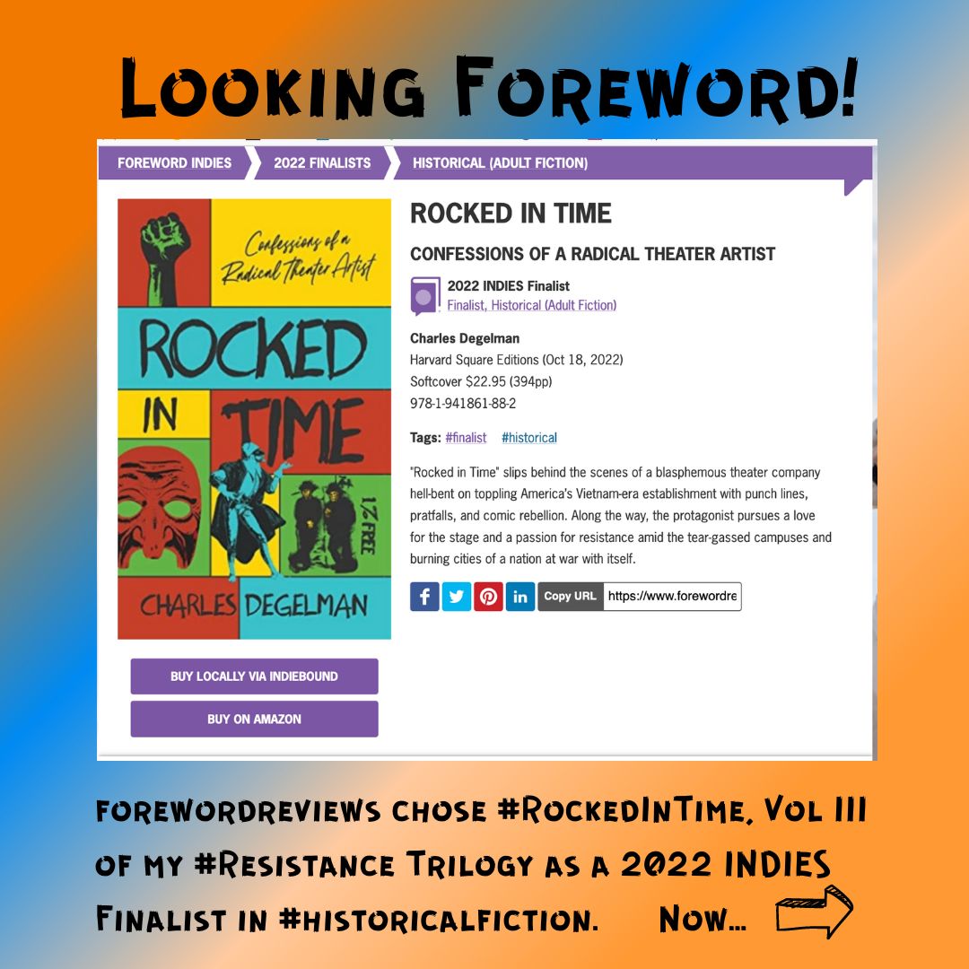 @ForewordReviews chose #RockedInTime as finalist in their Indies Book of the Year award. Now...librarians and booksellers choose the winners. Gimme a chant, shoutout, or holler for Rocked in Time.  
linktr.ee/charlesdegelman
#resistance #1960s #amwriting #writerslife #Indielove