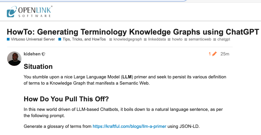 @datasniff Here's a link to a #HowTo post about #JSONLD generation directly from an single sentence #ChatGPT prompt. 

community.openlinksw.com/t/howto-genera…

#SemanticWeb #LinkedData #LLMs