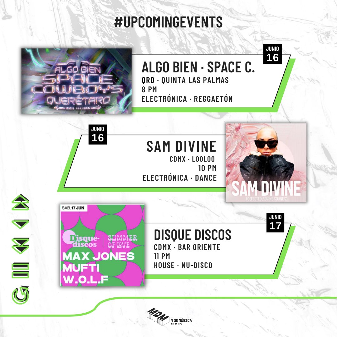 mdm_musica's tweet photo. ¡Lo mejor de la escena local e internacional! 😮💨❤️🔥
El viernes tenemos bazar con fiesta incluida de #AlgoBien en QRO 🌿✨
➡️ Desde Londres hasta Looloo, veremos a @samdivine el viernes en CDMX y el sábado un súper evento de Nu-Disco y más en #BarOriente 💿〽️ https://t.co/5ltl6ZtTxS