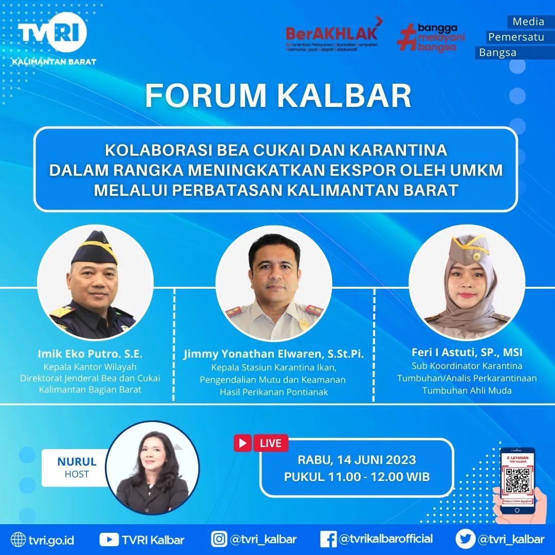 bppmhkp_pnk's tweet photo. Hai #SahabatBahari Saksikan Dialog Forum Kalbar. Hari Ini Rabu, 14 Juni 2023 , Pukul 11.00 - 12.00 WIB. Dapat juga disaksikan melalui channel Youtube : TVRI Kalbar Live Streaming.
___
#TVRI #KKPThrive #KKP #BKIPM #OneHealthKIPM #Ekspor #TVRIDigital https://t.co/TOaVPMnpAG