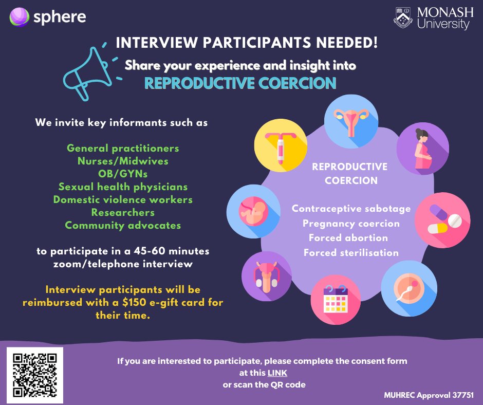 Do you have insight/experience in reproductive coercion within clinical practice? If you would like to be interviewed, please complete the below consent form. monash.az1.qualtrics.com/jfe/form/SV_2s…
Please contact susan.saldanha@monash.edu if you have any questions.