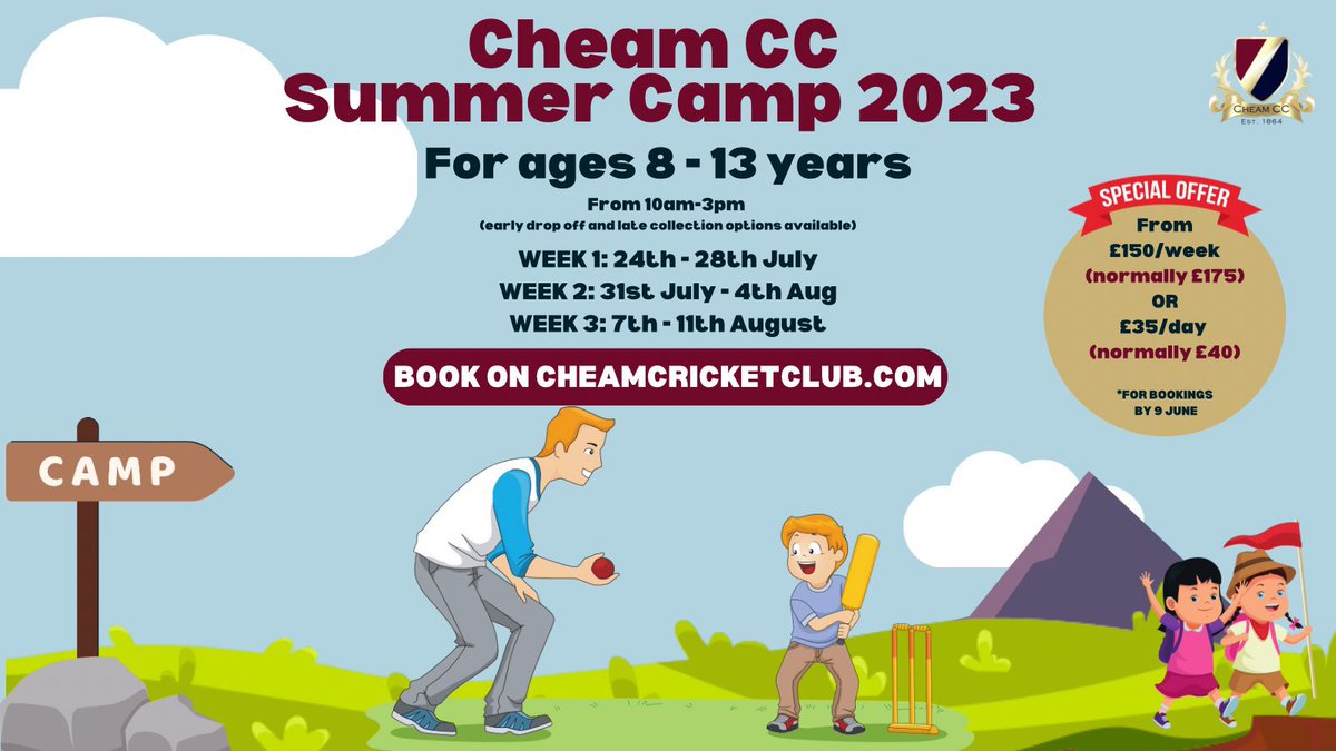 Cheam CC Juniors (@cheamcccolts) on Twitter photo Summer Camp <a href="/Cheam_CC/">Cheam Cricket Club</a> is back!
Three weeks of cricketing fun for boys and girls aged 8-13.
Bookings open on cheamcricketclub.com
<a href="/markbutcher72/">mark butcher</a> <a href="/WInfants/">WallaceFieldsInfants</a> <a href="/DorchesterP/">Dorchester Primary School</a> <a href="/CuddingtonCPS/">CCPS</a> <a href="/AbbeyPrimary1/">Abbey Primary School</a> <a href="/bansteadinfant/">Banstead Infant School</a> <a href="/Harris_JAC/">Harris Junior Academy Carshalton</a> <a href="/overtongrangesc/">Overton Grange</a> <a href="/HarrisSutton1/">Harris Sutton</a> <a href="/glenthorne_high/">Glenthorne High School</a> Summer Camp <a href="/Cheam_CC/">Cheam Cricket Club</a> is back!
Three weeks of cricketing fun for boys and girls aged 8-13.
Bookings open on cheamcricketclub.com
<a href="/markbutcher72/">mark butcher</a> <a href="/WInfants/">WallaceFieldsInfants</a> <a href="/DorchesterP/">Dorchester Primary School</a> <a href="/CuddingtonCPS/">CCPS</a> <a href="/AbbeyPrimary1/">Abbey Primary School</a> <a href="/bansteadinfant/">Banstead Infant School</a> <a href="/Harris_JAC/">Harris Junior Academy Carshalton</a> <a href="/overtongrangesc/">Overton Grange</a> <a href="/HarrisSutton1/">Harris Sutton</a> <a href="/glenthorne_high/">Glenthorne High School</a>