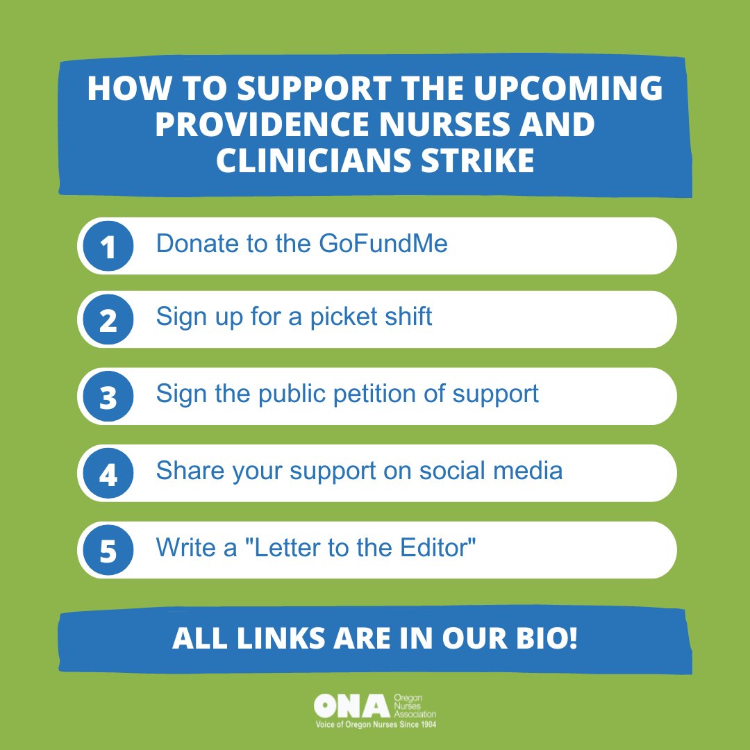 OregonNurses's tweet photo. Wondering how YOU can support the nurses and clinicians preparing to strike next Monday? Look no further! Donate to the strike fund, join the picket line, share support on social media, and more! Find it all here: https://t.co/ykQC8lcVOj 
#RecruitRetainRespect #ProvStrike #oregon https://t.co/osxDGu6lq5
