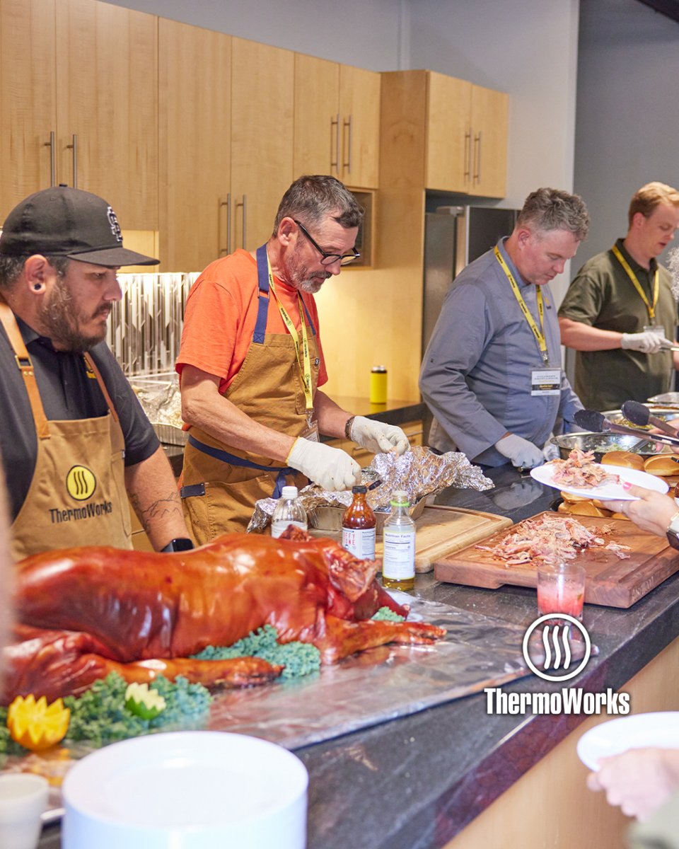Thermapen's tweet photo. A big thanks to @tuffystone "The Professor" for coming out to ThermoWorks HQ and schooling us in the art of whole hog BBQ! ππ₯ Truly an honor to rub shoulders with a living legend.
#ThermoWorks #CulinaryExcellence #TuffyStone #WholeHog #Smoking #Pig #Pork https://t.co/YMTLIPpwpP